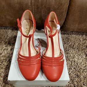 Red T-strap Mary Jane heels